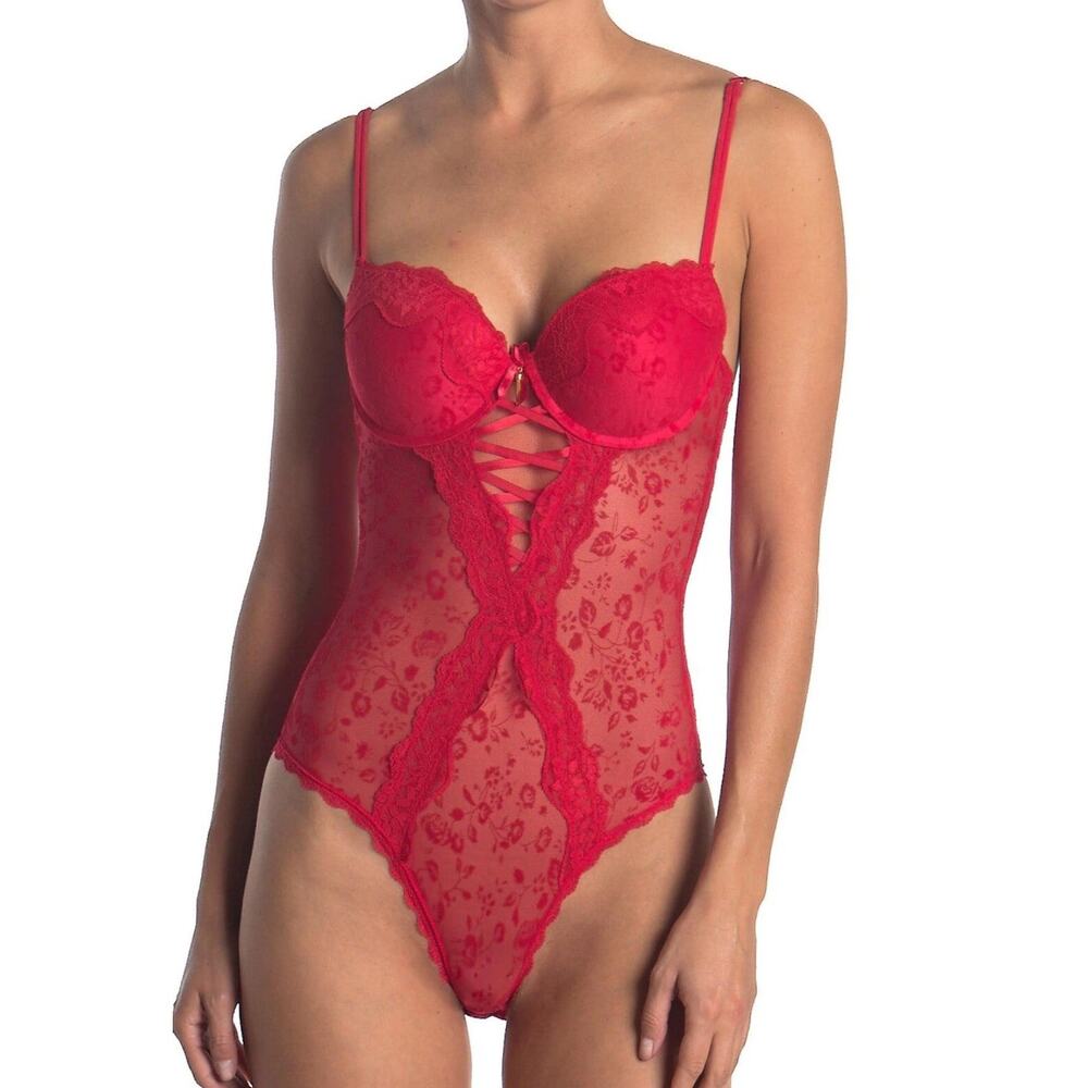 Rachel Roy Red Lace High Cut Teddy Lingerie Size Medium